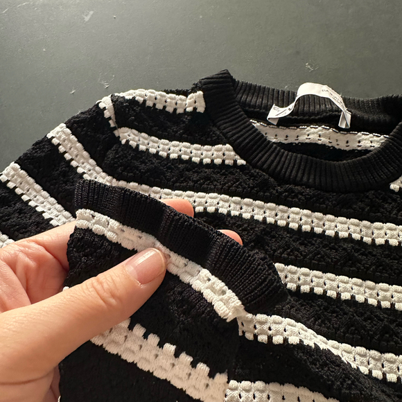 Black and White Two-Tone Striped Crochet Pullover with Ruffle Details - Picture 7 of 9